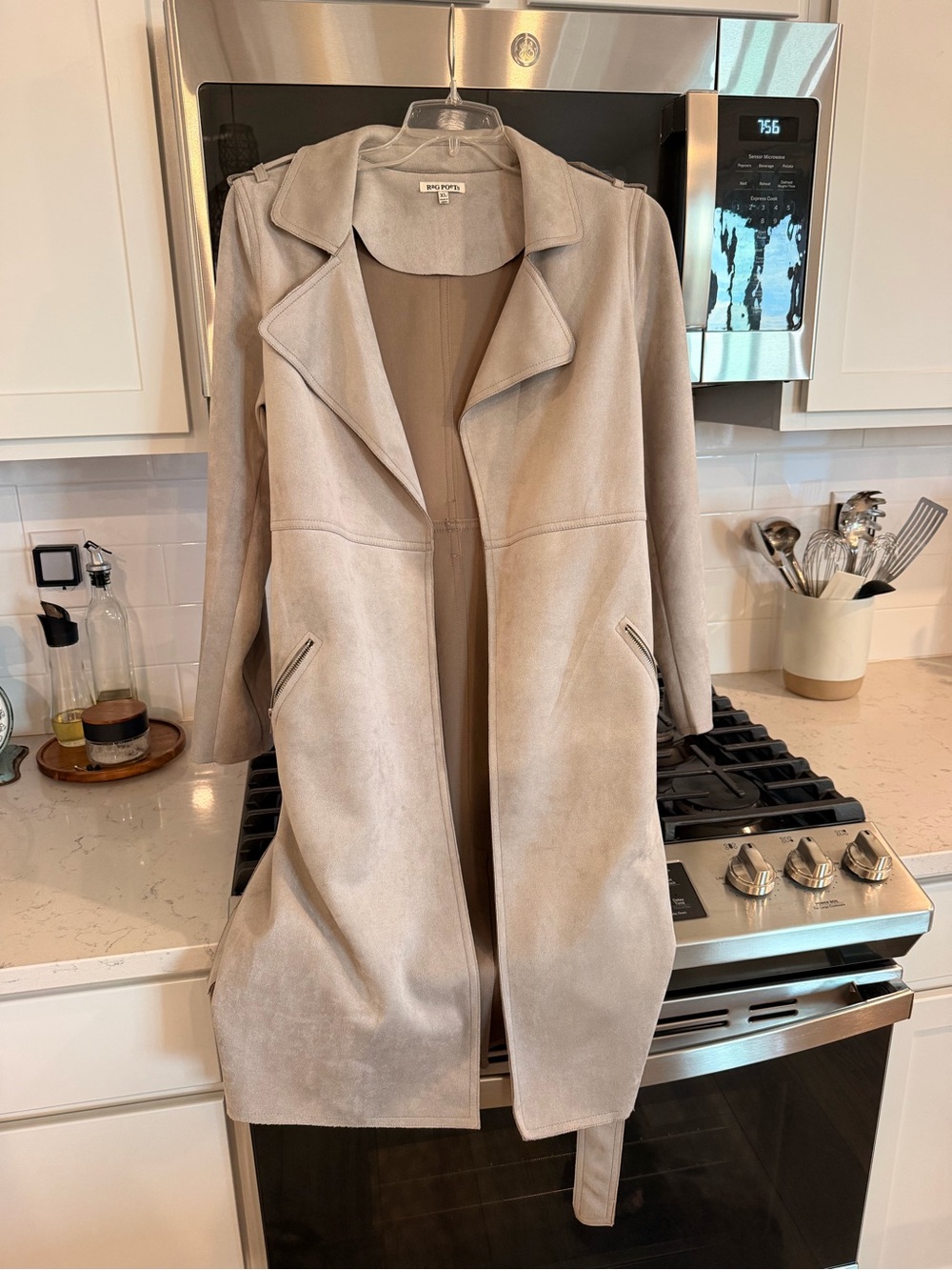 Vince Women's Gray Long Trench Coat - Suede-Look Open Front